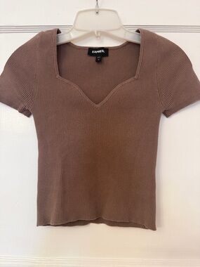 Express Brown Ribbed Square V-Neck Short Sleeve Top